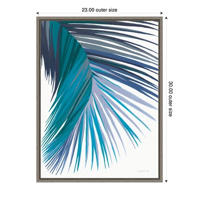 Retro Palm Leaf II Cool Aqua and Turquoise Canvas Art with Greywash Frame