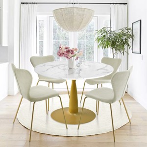 Harris+Flavia 5-Piece Round-Shaped Faux Marble Dining Table Set With 4 Velvet Upholstered Chairs Gold Legs -Maison Boucle - 1 of 4