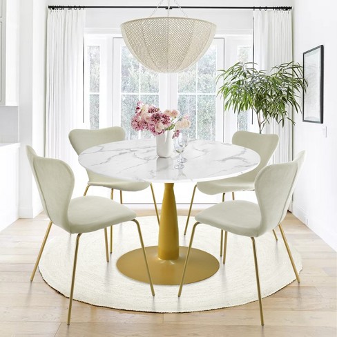 Marble dining table with velvet online chairs