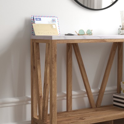 Farmhouse Marble and Warm Oak 2-Tier Console Table with Storage