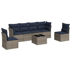 vidaXL 7 Piece Patio Sofa Set with Cushions Gray and Navy Blue Poly Rattan - With Table - 1 of 4