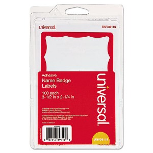 Universal Border-Style Self-Adhesive Name Badges, 3 1/2 x 2 1/4, White/Red, 100/Pack - 1 of 2