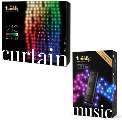 Twinkly Smart Decorations Custom 210 Bulb LED RGB+White Bluetooth Curtain Lights Bundle with Music Dongle USB-Powered Light Effects Music Player