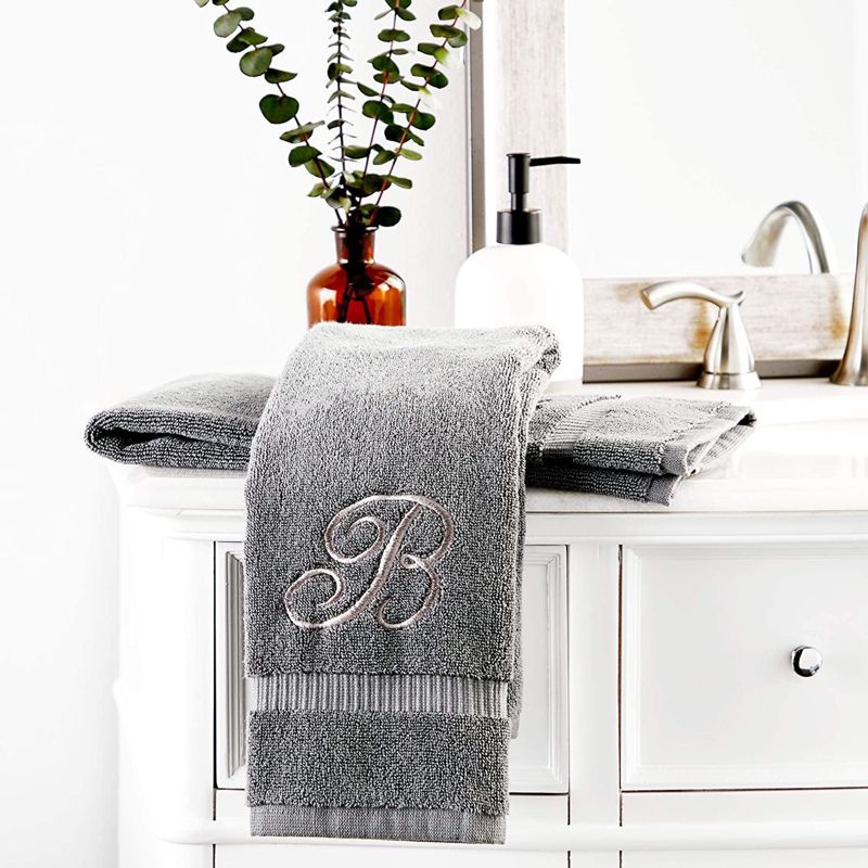 Juvale 2 Pack Letter B Monogrammed Hand Towels, Gray Cotton Hand Towels with Silver Embroidered Initial B for Wedding Gift, Baby Shower, 16 x 30 in, 2 of 5