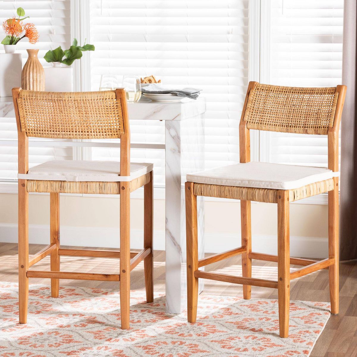 bali & pari Chatura Natural Rattan and Mahogany Wood 2  Piece Counter Stool Set Light Honey/Honey - thumbnail 4