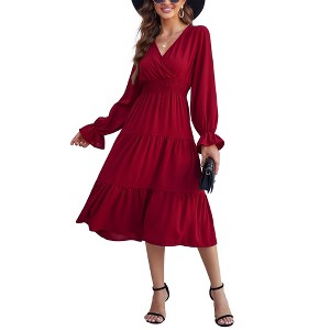 Clearlove Casual V Neck Layered Long Sleeve Wedding Guest Maxi Dresses for Women Flowy Maxi Dress - 1 of 4