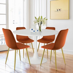 Haven90+Bingo 5-Piece Round-Shaped Dining Table Set With 4 Velvet Upholstered Chairs Gold Legs -Maison Boucle‎ - 1 of 4