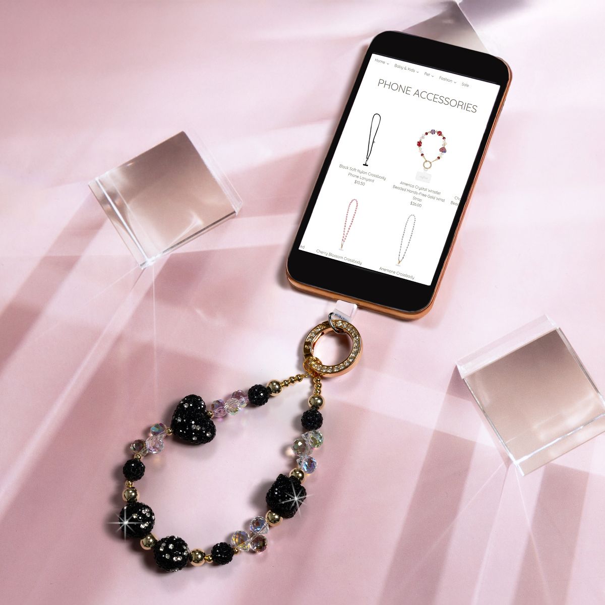 Pavilion Gift Company - Black Crystal Wristlet - Beaded Hands-Free Gold Wrist Strap - Cell Phone Accessories - thumbnail 2