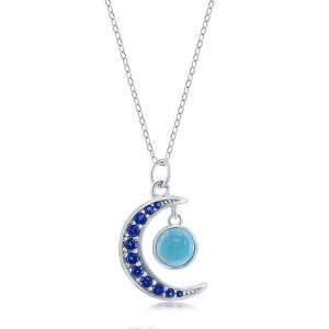 Caribbean Treasures Sterling Silver Blue CZ Moon & Round Larimar Necklace - Blue 16+2 Inch - 1 of 2