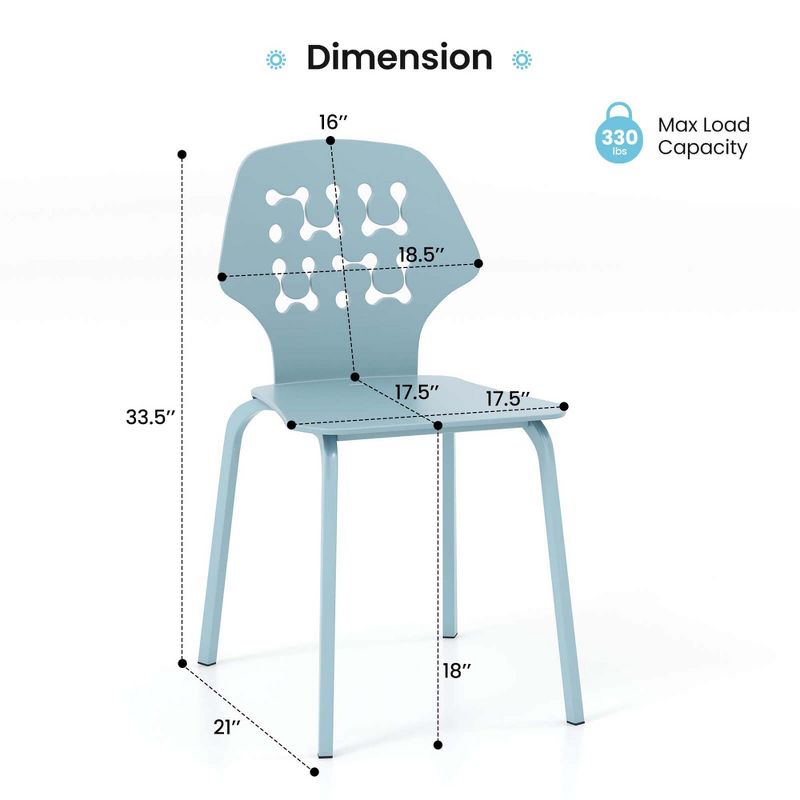 Costway Metal Dining Chair Set of 4 Armless Kitchen Hollowed Backrest & Metal Legs Blue/White, 3 of 11