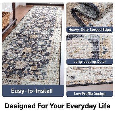Navy Blue and Black Washable Synthetic Area Rug with Non-Slip Backing