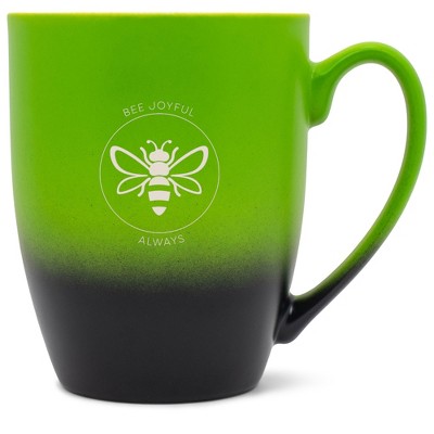 Elanze Designs Bee Joyful Always 12 Ounce Ceramic Laser-Etched Engraved Drinkware Mug, Green and Black Ombre