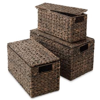 Casafield Set of 3 Water Hyacinth Storage Baskets with Lids - Small, Medium, Large - Decorative Bins for Bathroom, Closets, Laundry, Shelves