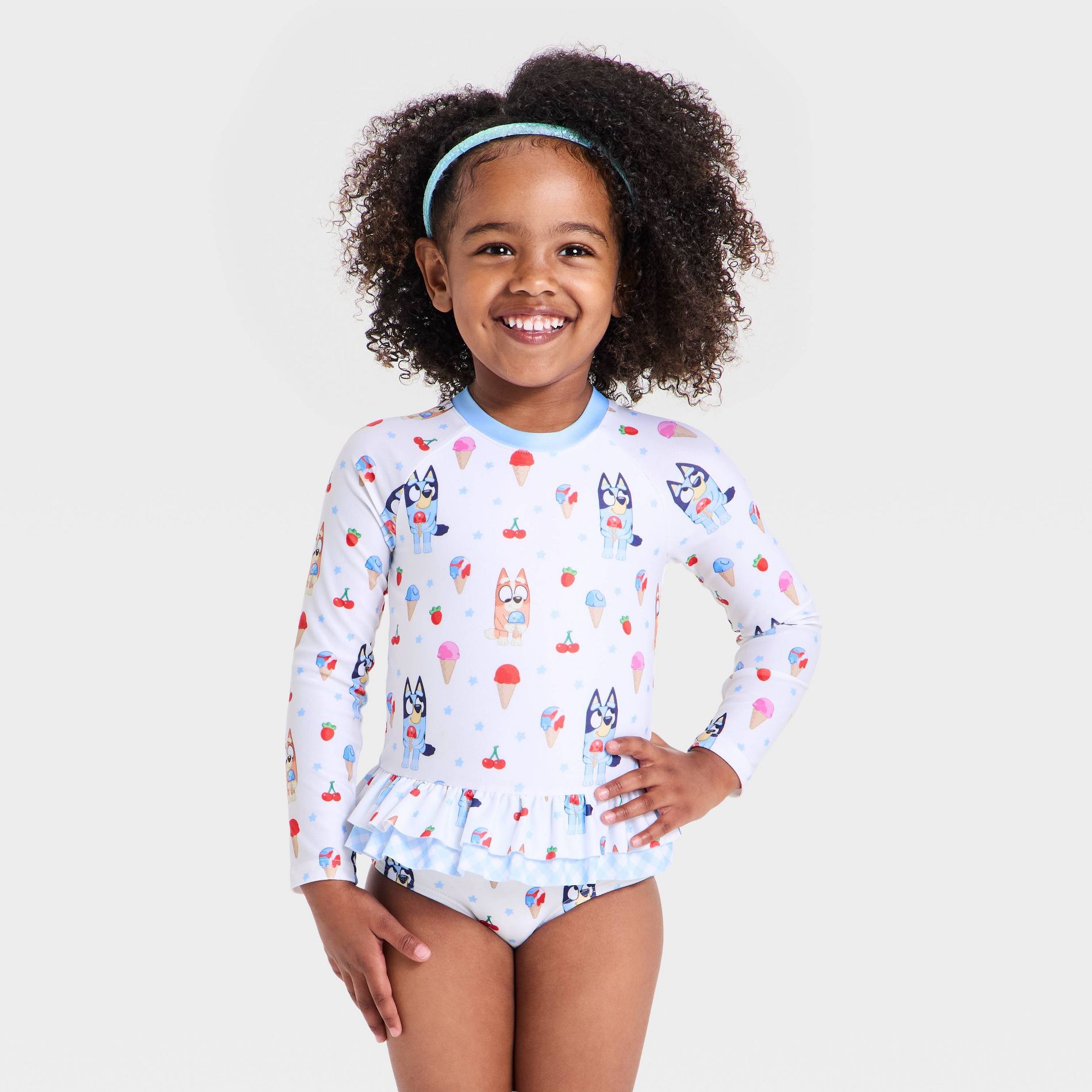 Toddler Girls' Bluey Ruffle Long Sleeve Rash Guard - White