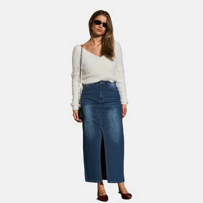 Women's Blue Split Hem Maxi Denim Skirt - Cupshe