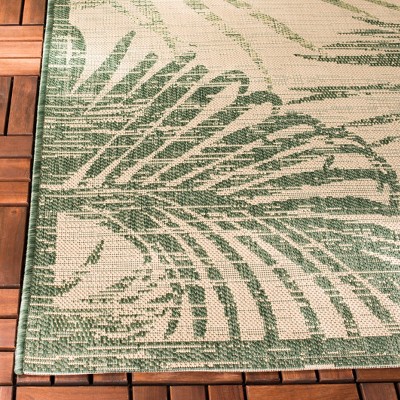 Beige and Green Square Palm Leaf Indoor/Outdoor Rug
