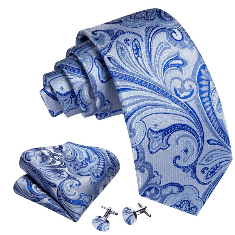 Men's Blue And Silver Paisley 100% Silk Neck Tie With Matching Hanky And Cufflinks Set, 1 of 4