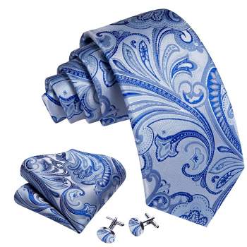 Men's Blue And Silver Paisley 100% Silk Neck Tie With Matching Hanky And Cufflinks Set