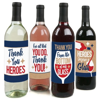 Big Dot of Happiness Thank You to Our Heroes - Appreciation Decorations for Women and Men - Wine Bottle Label Stickers - Set of 4