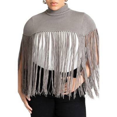 ELOQUII Women's Plus Size Fringe Half Sweater