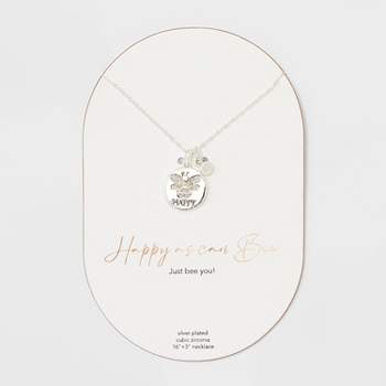 Silver Plated Cubic Zirconia Be "Happy" Medallion Pendant Necklace - Silver