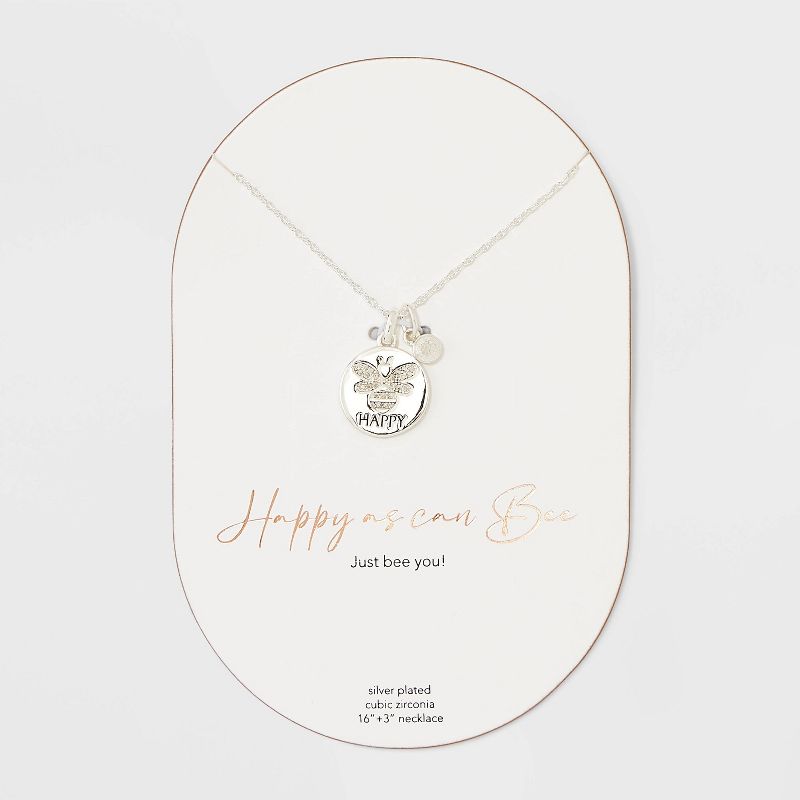 Silver Plated Cubic Zirconia Be &#34;Happy&#34; Medallion Pendant Necklace - Silver, 1 of 5