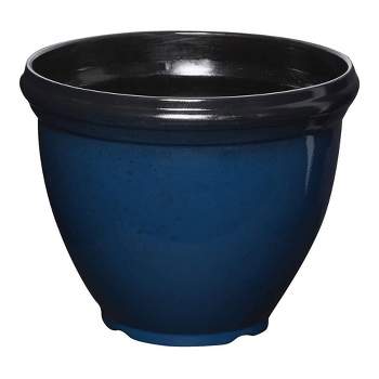 Southern Patio 12 Inch Heritage Round Outdoor Patio Porch Resin Plastic Lightweight Planter Pot w/ Glossy Finish, Monaco Blue