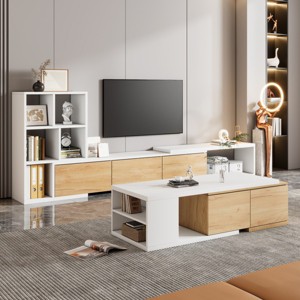 Extendable TV Stand and Coffee Table, Media Console with 3 Tier Bookshelves for TVs up to 110'', Center Table with Sliding Tabletop-Cuddlewood - 1 of 4