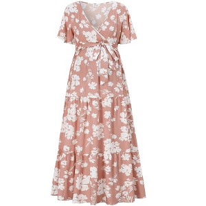V-neck flared sleeve short sleeved long maternity dress - 1 of 1