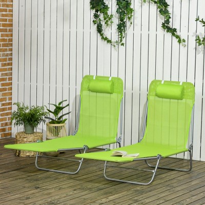 Green Mesh Folding Chaise Lounge Chairs with Cushions, Set of 2
