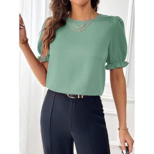 Women'S Shirts Summer Casual Crewneck Lace Crochet Short Sleeve Blouses Cute Floral Print Loose Tunic Tops - 1 of 4