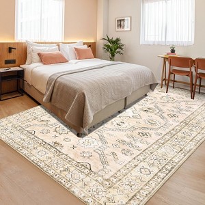 Machine Washable Area Rug, Non-Slip Low Pile Indoor Carpet | Soft Living Room & Bedroom Rugs for Home Decor, Beige - 1 of 4
