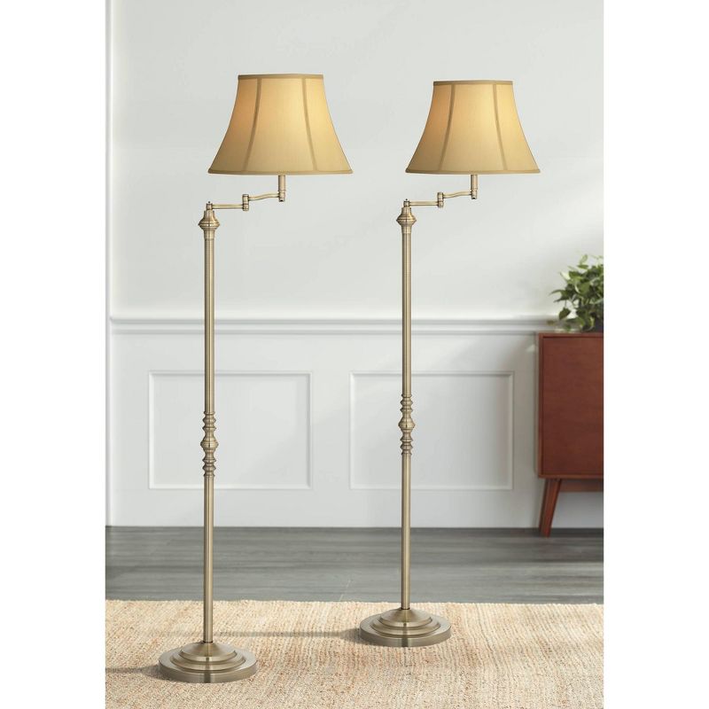 Regency Hill Montebello Traditional 60" Tall Standing Floor Lamps Set of 2 Lights Swing Arm Adjustable Gold Metal Antique Brass Finish Living Room, 2 of 9