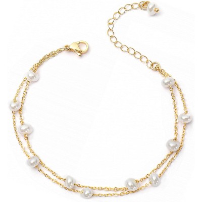 Gold Pearl Bracelets for Women - Dainty 14K Gold Plated Pearls Bracelet Trendy Beaded Chain Jewelry Gifts for Women