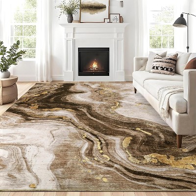 9x12 Camel Area Rug, Machine Washable Modern Abstract Carpet, Non-Slip, Stain-Resistant, Easy-Clean, Low Pile for Living Room Bedroom