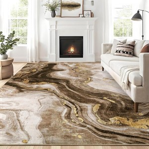 9x12 Camel Area Rug, Machine Washable Modern Abstract Carpet, Non-Slip, Stain-Resistant, Easy-Clean, Low Pile for Living Room Bedroom - 1 of 4