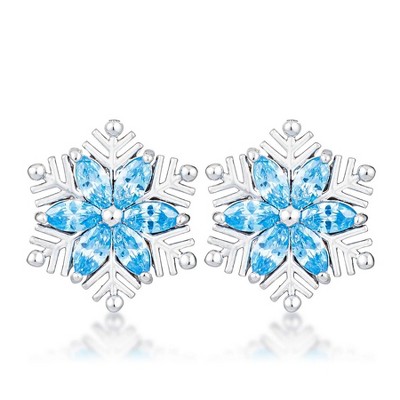 ShineHigh .6 Ct Rhodium Plated Marquise CZ Snowflake Earrings – Clear & Aqua Blue Stone Variants – Elegant Holiday-Inspired Design with Precision Cut