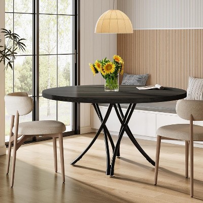 Modern Black Round Wood Dining Table with Metal Legs, 47-Inch