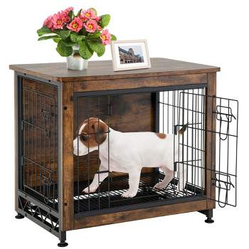 Tangkula Wooden Dog Crate Furniture with Tray Double Door Dog Kennels End Table