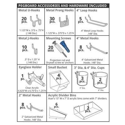 White High Impact Styrene Pegboard Organizer Kit with Hooks and Bins