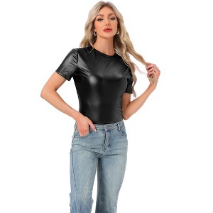 Allegra K Women's Party Metallic Short Sleeve Textured Shiny T-shirts - 1 of 4