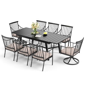 Captiva Designs 9pc Patio Slat-top Adjustable Steel Rectangle Table & Stylish Arm Chairs with Cushions - 1 of 4