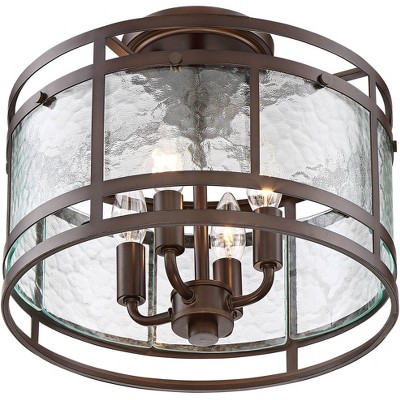 Bronze and Glass Drum Semi Flush Mount Ceiling Light