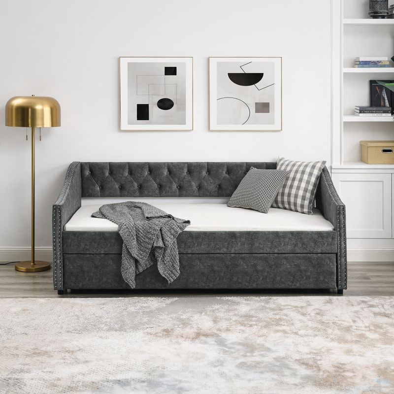 Twin Size Daybed, Upholstered Tufted Sofa Bed with Twin Size Trundle Bed-ModernLuxe, 3 of 10
