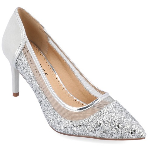 Silver mid heel outlet pumps