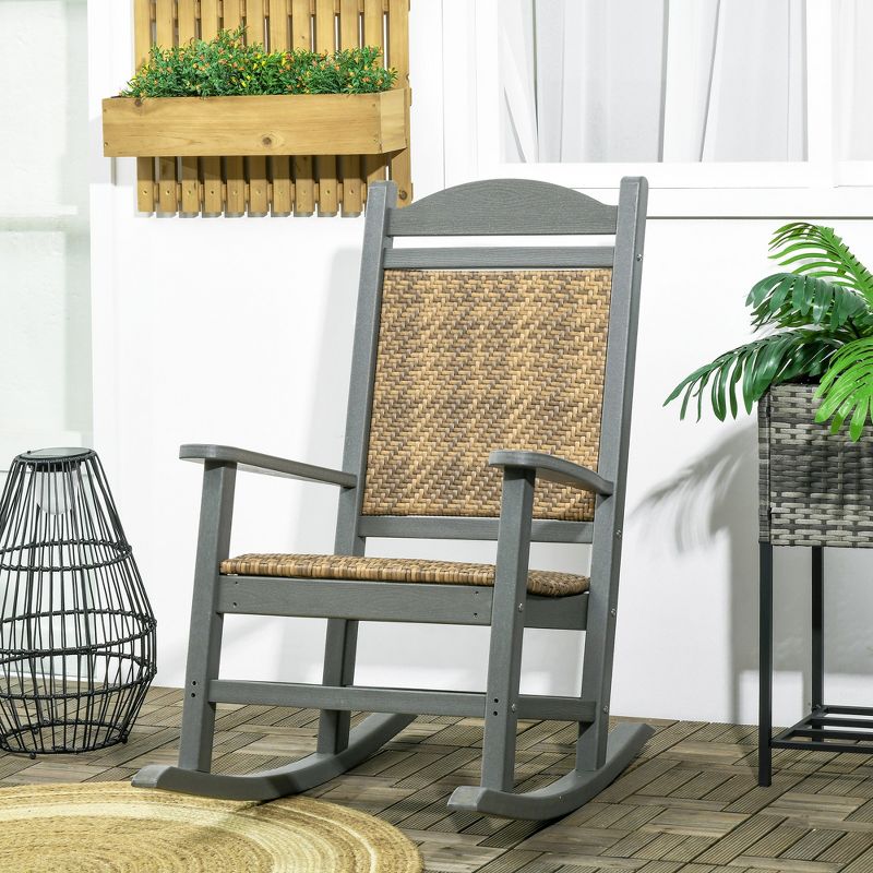 Outsunny Outdoor Rocking Chair, Traditional Wicker Porch Rocker w/ Padded Seat, Breathable Backrest, HDPE Frame with PE Rattan, Dark Gray, 3 of 7