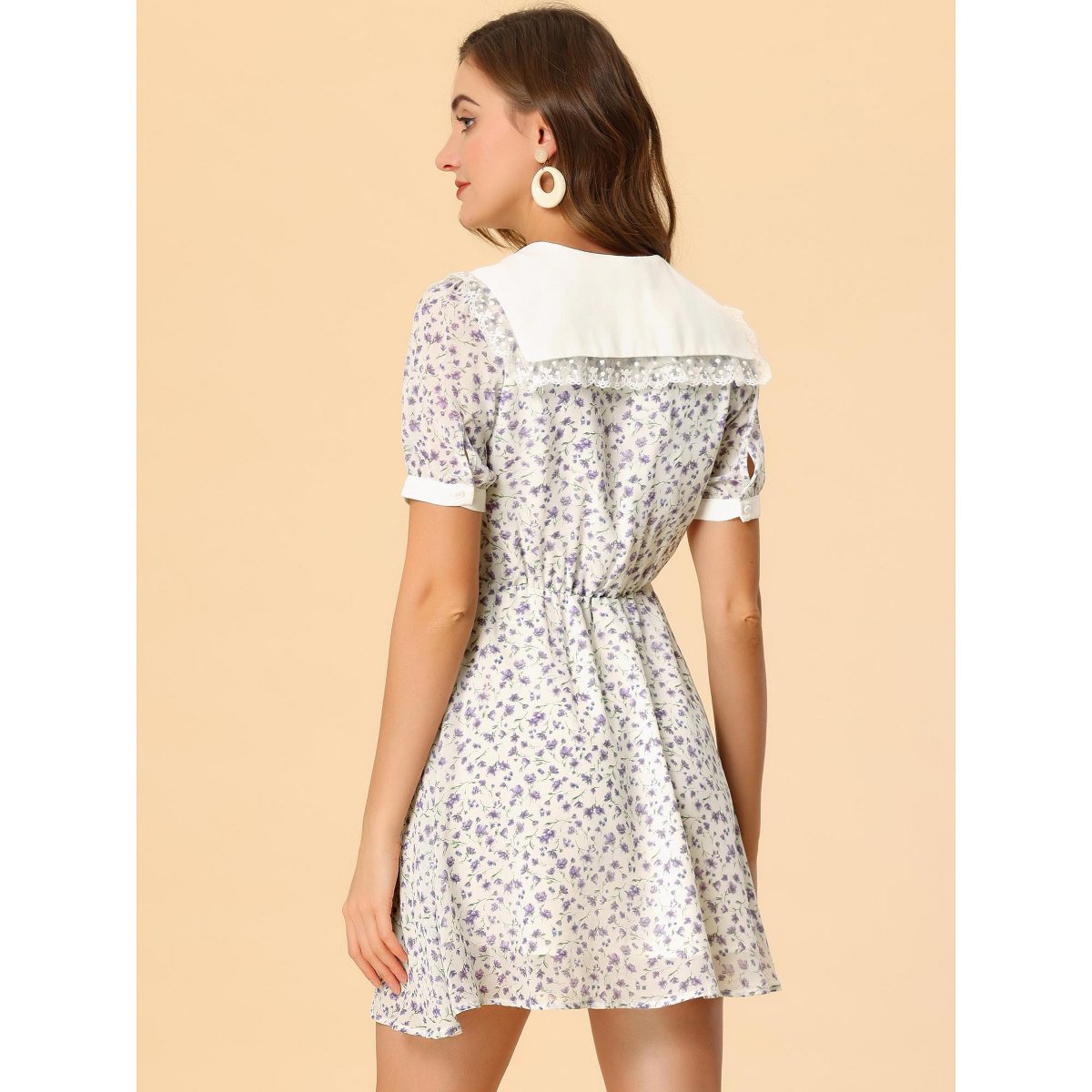 Женские платья INSPIRE CHIC Women's Lace Collar Short Sleeve Floral Print Dress White Purple X-Large — фото 5