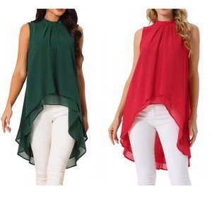 INSPIRE CHIC Women's Casual Tie Back Asymmetrical High Low Sleeveless Mock Neck Flowy Blouse 2 Packs - 1 of 4