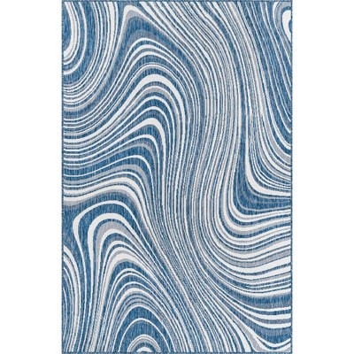 Blue and White Rectangular Outdoor Stain-Resistant Rug
