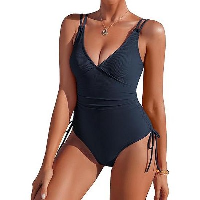 AI'MAGE Women's High Cut One Piece Swimsuit Ruched Tummy Control Swimsuits Ribbed Tie Side Bathing Suits